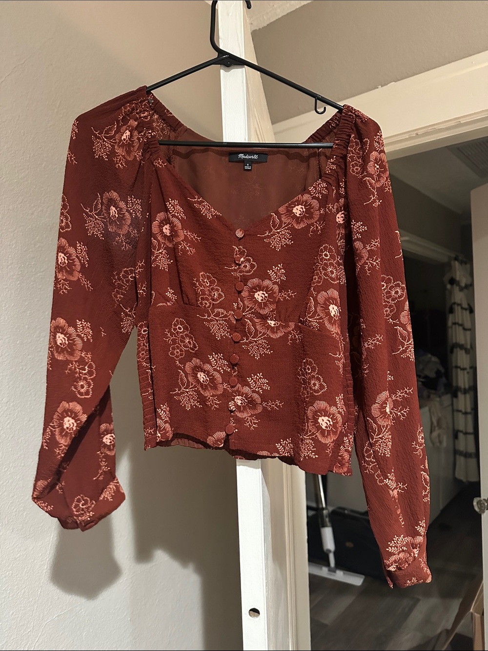 Madewell Rust Floral Button-Front Puff Sleeve Blouse